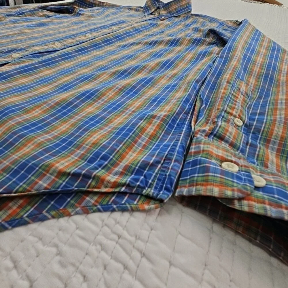 Ralph Lauren Classic Fit Shirt Men's 17 1/2 - 34/35 Blue Orange Plaid EUC Luxe‎